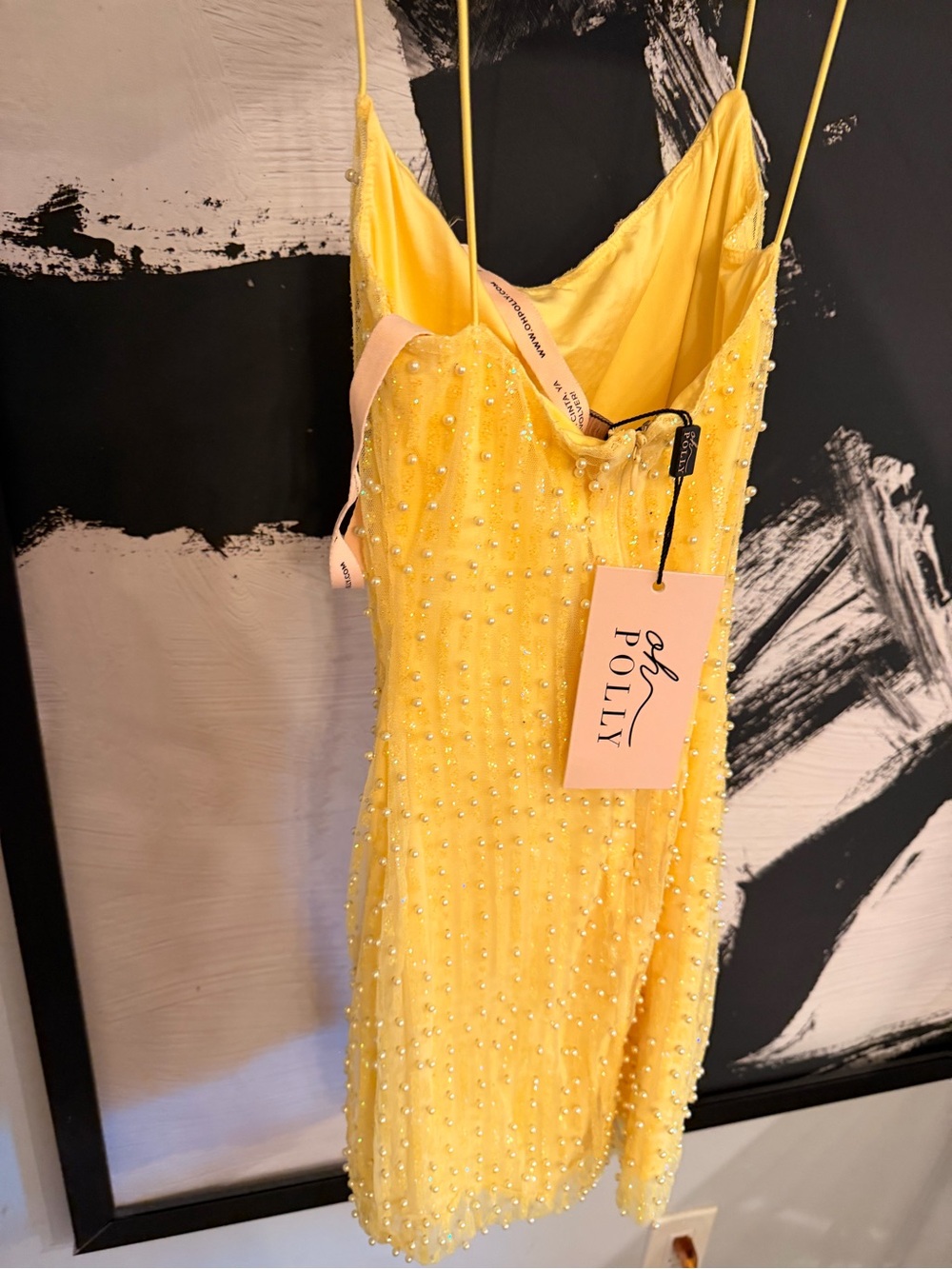 Oh Polly Yellow Beaded Spaghetti Strap Mini Dress - Picture 4 of 5